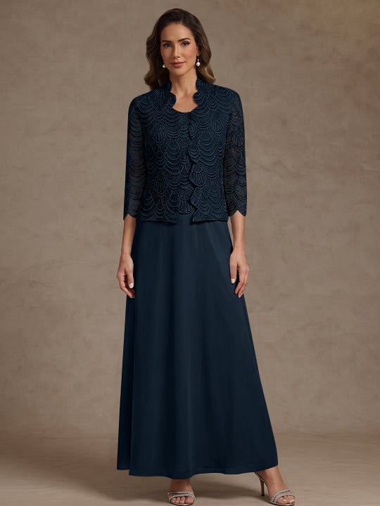 2 Pieces A-Line/Princess Scoop Chiffon Mother of the Bride Dresses Ankle-Length 3/4 Sleeves&amp;Sleeveless with Lace Jacket