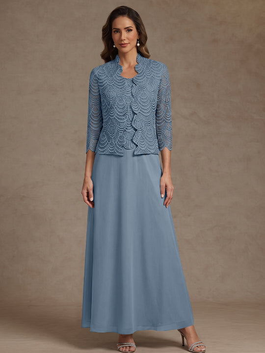 2 Pieces A-Line/Princess Scoop Chiffon Mother of the Bride Dresses Ankle-Length 3/4 Sleeves&amp;Sleeveless with Lace Jacket