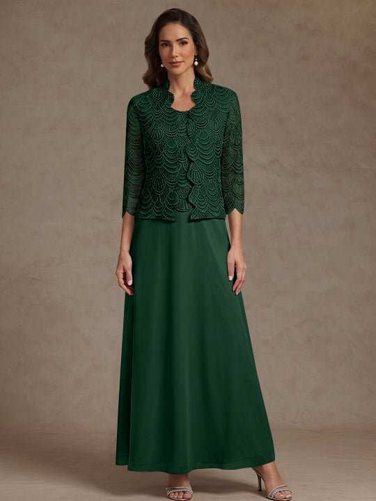 2 Pieces A-Line/Princess Scoop Chiffon Mother of the Bride Dresses Ankle-Length 3/4 Sleeves&amp;Sleeveless with Lace Jacket