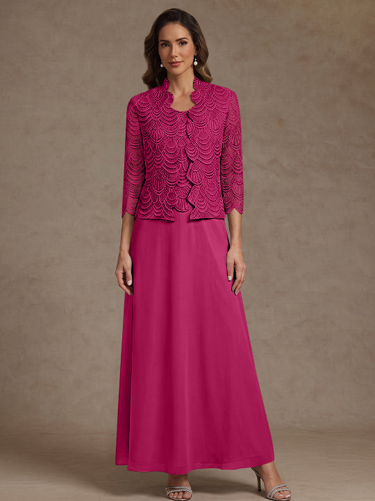 2 Pieces A-Line/Princess Scoop Chiffon Mother of the Bride Dresses Ankle-Length 3/4 Sleeves&amp;Sleeveless with Lace Jacket