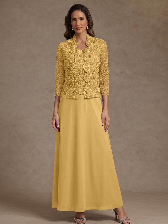 2 Pieces A-Line/Princess Scoop Chiffon Mother of the Bride Dresses Ankle-Length 3/4 Sleeves&amp;Sleeveless with Lace Jacket