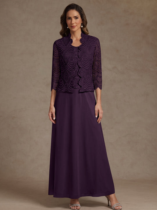 2 Pieces A-Line/Princess Scoop Chiffon Mother of the Bride Dresses Ankle-Length 3/4 Sleeves&amp;Sleeveless with Lace Jacket