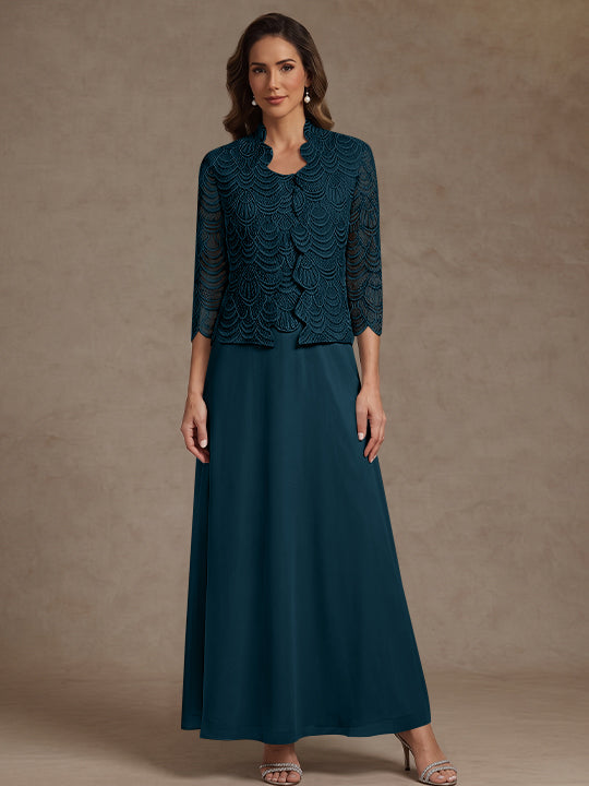 2 Pieces A-Line/Princess Scoop Chiffon Mother of the Bride Dresses Ankle-Length 3/4 Sleeves&amp;Sleeveless with Lace Jacket