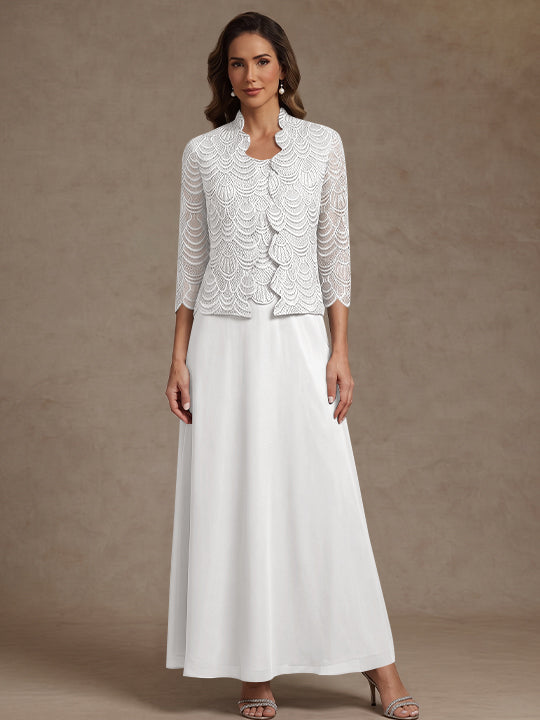 2 Pieces A-Line/Princess Scoop Chiffon Mother of the Bride Dresses Ankle-Length 3/4 Sleeves&amp;Sleeveless with Lace Jacket