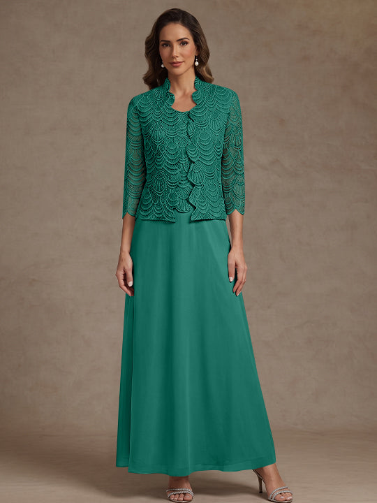 2 Pieces A-Line/Princess Scoop Chiffon Mother of the Bride Dresses Ankle-Length 3/4 Sleeves&amp;Sleeveless with Lace Jacket