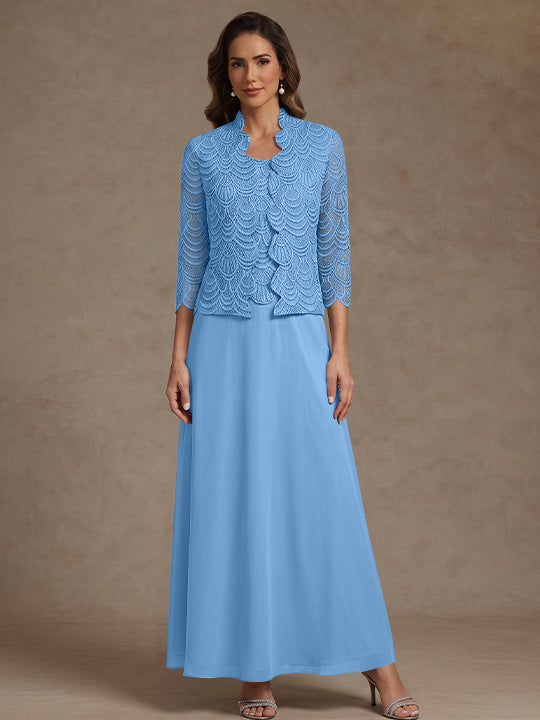 2 Pieces A-Line/Princess Scoop Chiffon Mother of the Bride Dresses Ankle-Length 3/4 Sleeves&amp;Sleeveless with Lace Jacket