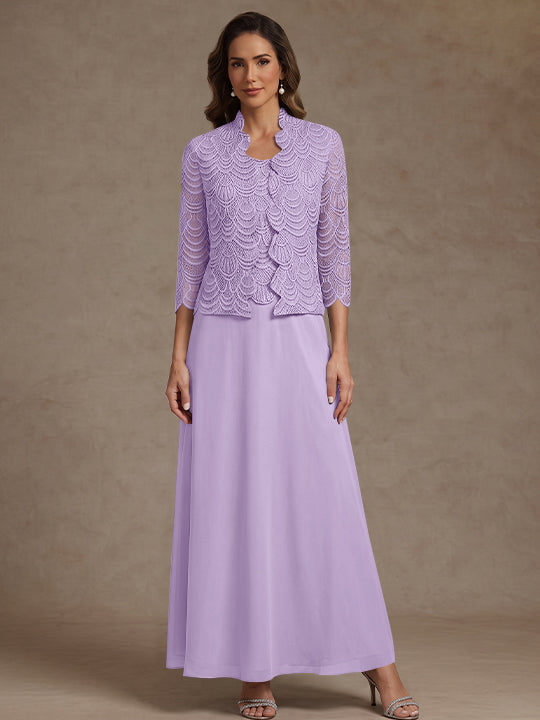 2 Pieces A-Line/Princess Scoop Chiffon Mother of the Bride Dresses Ankle-Length 3/4 Sleeves&amp;Sleeveless with Lace Jacket
