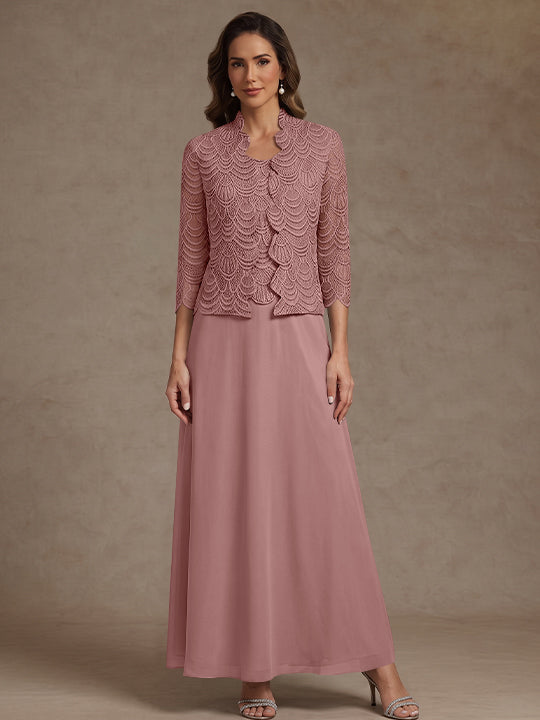 2 Pieces A-Line/Princess Scoop Chiffon Mother of the Bride Dresses Ankle-Length 3/4 Sleeves&amp;Sleeveless with Lace Jacket