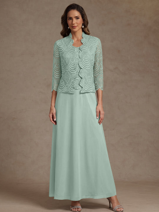 2 Pieces A-Line/Princess Scoop Chiffon Mother of the Bride Dresses Ankle-Length 3/4 Sleeves&amp;Sleeveless with Lace Jacket
