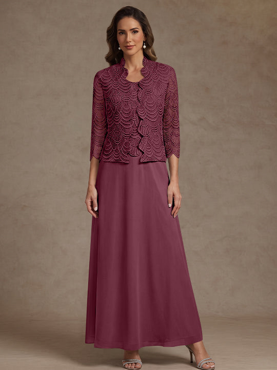 2 Pieces A-Line/Princess Scoop Chiffon Mother of the Bride Dresses Ankle-Length 3/4 Sleeves&amp;Sleeveless with Lace Jacket