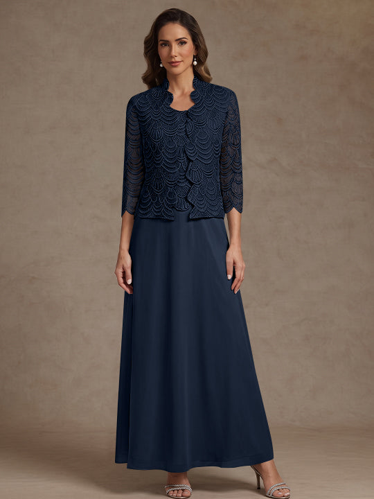 2 Pieces A-Line/Princess Scoop Chiffon Mother of the Bride Dresses Ankle-Length 3/4 Sleeves&amp;Sleeveless with Lace Jacket