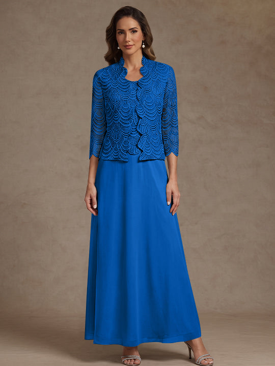 2 Pieces A-Line/Princess Scoop Chiffon Mother of the Bride Dresses Ankle-Length 3/4 Sleeves&amp;Sleeveless with Lace Jacket