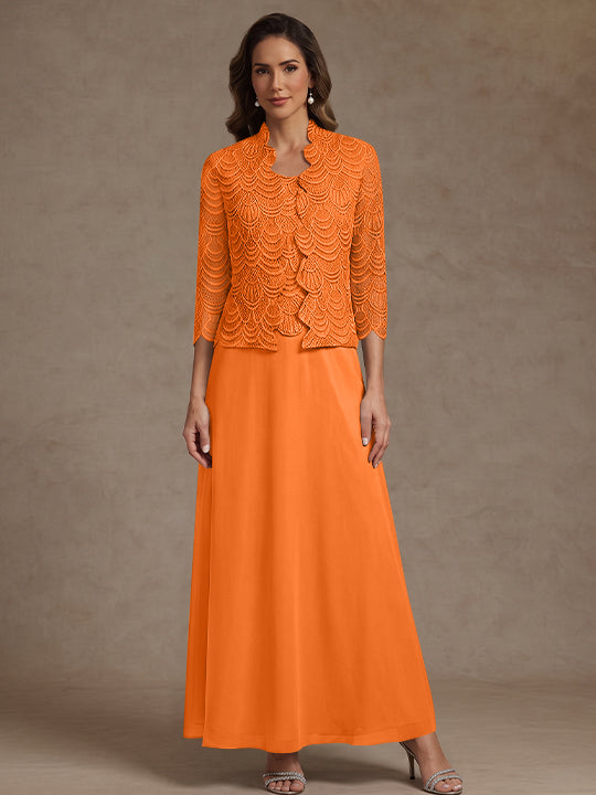2 Pieces A-Line/Princess Scoop Chiffon Mother of the Bride Dresses Ankle-Length 3/4 Sleeves&amp;Sleeveless with Lace Jacket