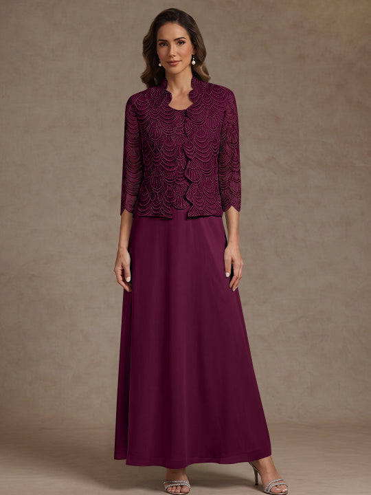 2 Pieces A-Line/Princess Scoop Chiffon Mother of the Bride Dresses Ankle-Length 3/4 Sleeves&amp;Sleeveless with Lace Jacket