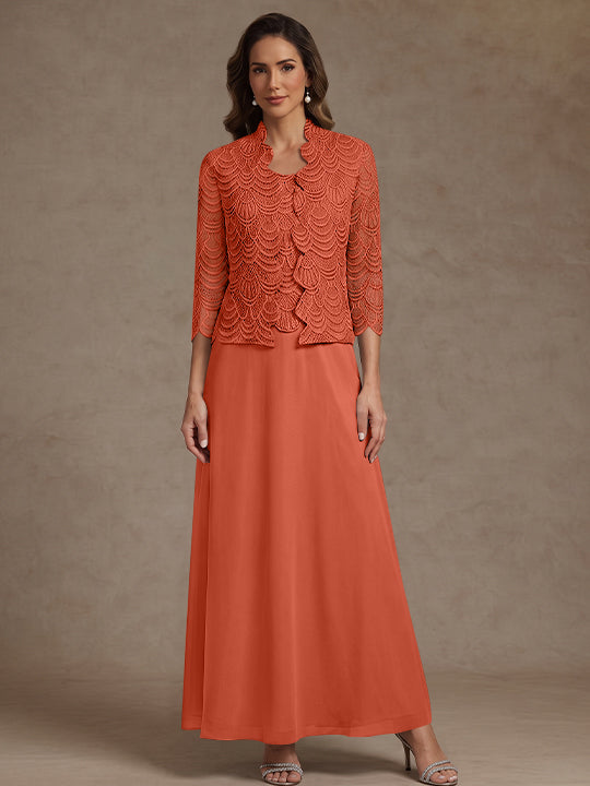 2 Pieces A-Line/Princess Scoop Chiffon Mother of the Bride Dresses Ankle-Length 3/4 Sleeves&amp;Sleeveless with Lace Jacket