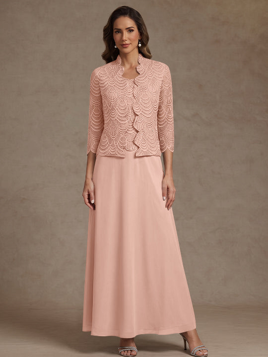 2 Pieces A-Line/Princess Scoop Chiffon Mother of the Bride Dresses Ankle-Length 3/4 Sleeves&amp;Sleeveless with Lace Jacket