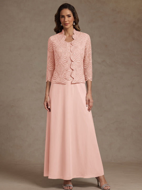 2 Pieces A-Line/Princess Scoop Chiffon Mother of the Bride Dresses Ankle-Length 3/4 Sleeves&amp;Sleeveless with Lace Jacket