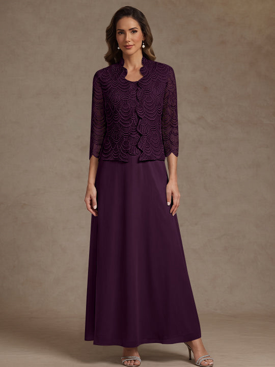 2 Pieces A-Line/Princess Scoop Chiffon Mother of the Bride Dresses Ankle-Length 3/4 Sleeves&amp;Sleeveless with Lace Jacket