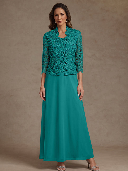 2 Pieces A-Line/Princess Scoop Chiffon Mother of the Bride Dresses Ankle-Length 3/4 Sleeves&amp;Sleeveless with Lace Jacket