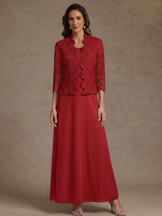 2 Pieces A-Line/Princess Scoop Chiffon Mother of the Bride Dresses Ankle-Length 3/4 Sleeves&amp;Sleeveless with Lace Jacket