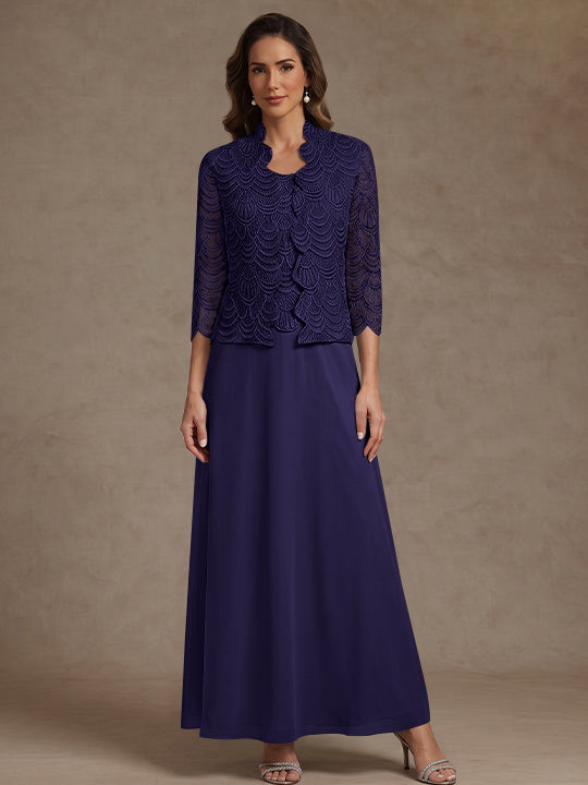 2 Pieces A-Line/Princess Scoop Chiffon Mother of the Bride Dresses Ankle-Length 3/4 Sleeves&amp;Sleeveless with Lace Jacket