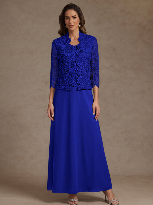 2 Pieces A-Line/Princess Scoop Chiffon Mother of the Bride Dresses Ankle-Length 3/4 Sleeves&amp;Sleeveless with Lace Jacket