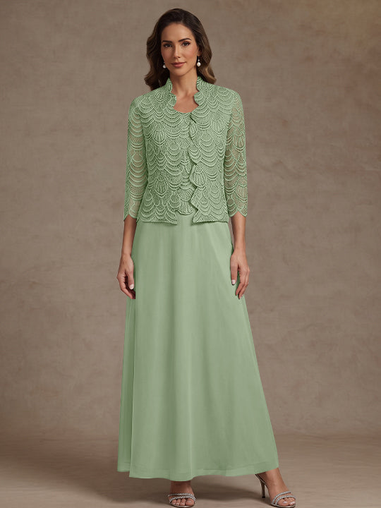 2 Pieces A-Line/Princess Scoop Chiffon Mother of the Bride Dresses Ankle-Length 3/4 Sleeves&amp;Sleeveless with Lace Jacket