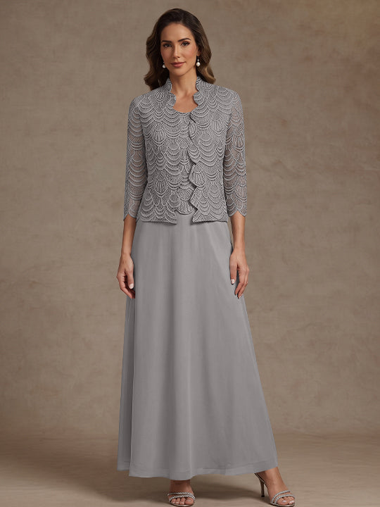 2 Pieces A-Line/Princess Scoop Chiffon Mother of the Bride Dresses Ankle-Length 3/4 Sleeves&amp;Sleeveless with Lace Jacket