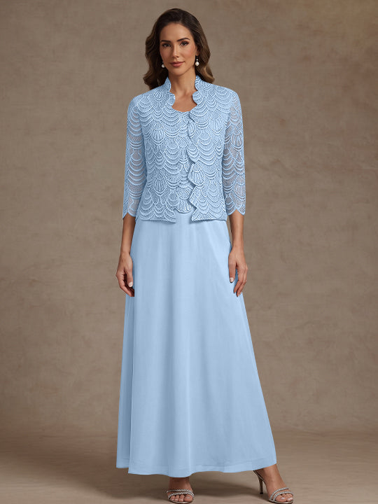 2 Pieces A-Line/Princess Scoop Chiffon Mother of the Bride Dresses Ankle-Length 3/4 Sleeves&amp;Sleeveless with Lace Jacket