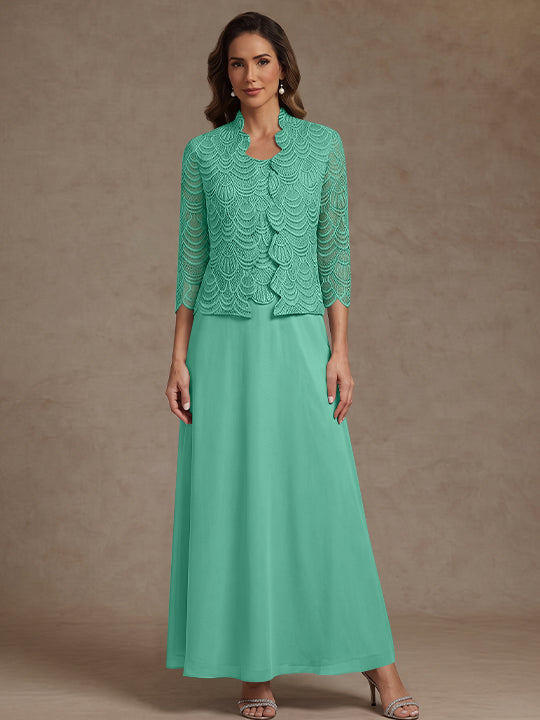 2 Pieces A-Line/Princess Scoop Chiffon Mother of the Bride Dresses Ankle-Length 3/4 Sleeves&amp;Sleeveless with Lace Jacket