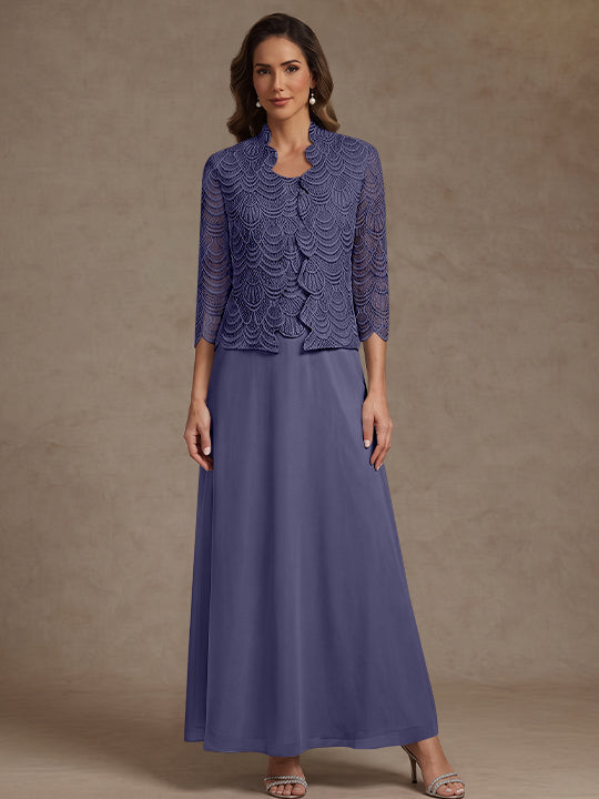 2 Pieces A-Line/Princess Scoop Chiffon Mother of the Bride Dresses Ankle-Length 3/4 Sleeves&amp;Sleeveless with Lace Jacket