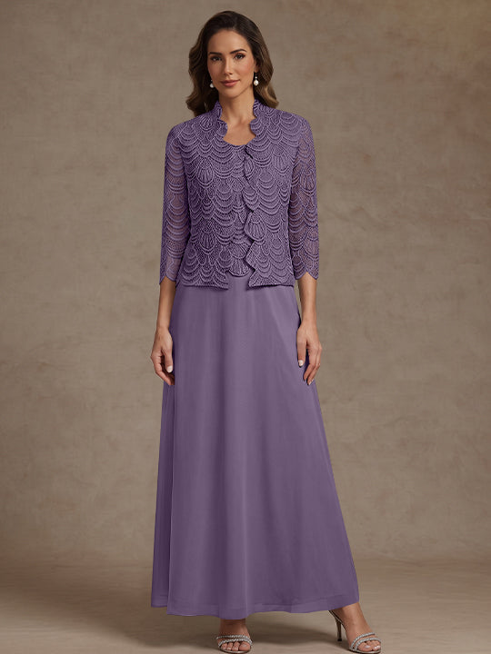 2 Pieces A-Line/Princess Scoop Chiffon Mother of the Bride Dresses Ankle-Length 3/4 Sleeves&amp;Sleeveless with Lace Jacket