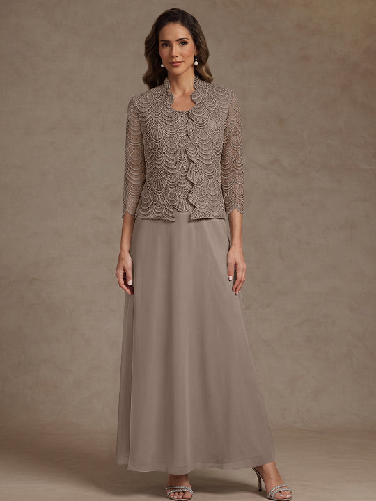 2 Pieces A-Line/Princess Scoop Chiffon Mother of the Bride Dresses Ankle-Length 3/4 Sleeves&amp;Sleeveless with Lace Jacket