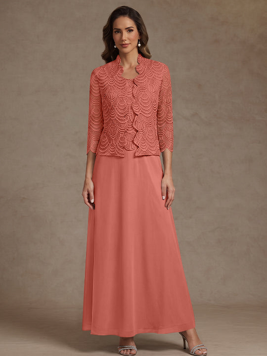 2 Pieces A-Line/Princess Scoop Chiffon Mother of the Bride Dresses Ankle-Length 3/4 Sleeves&amp;Sleeveless with Lace Jacket