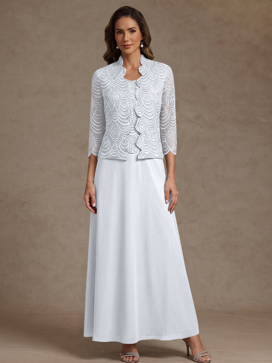 2 Pieces A-Line/Princess Scoop Chiffon Mother of the Bride Dresses Ankle-Length 3/4 Sleeves&amp;Sleeveless with Lace Jacket