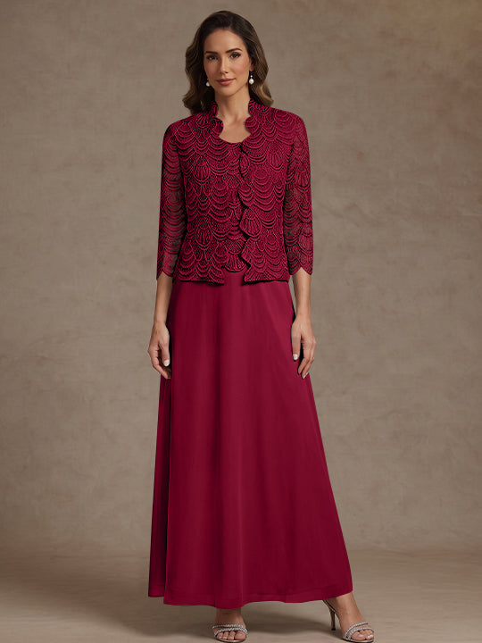 2 Pieces A-Line/Princess Scoop Chiffon Mother of the Bride Dresses Ankle-Length 3/4 Sleeves&amp;Sleeveless with Lace Jacket