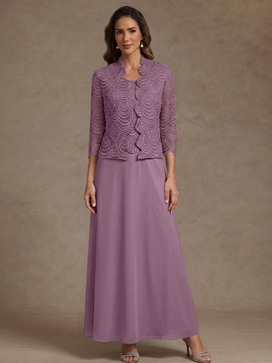 2 Pieces A-Line/Princess Scoop Chiffon Mother of the Bride Dresses Ankle-Length 3/4 Sleeves&amp;Sleeveless with Lace Jacket