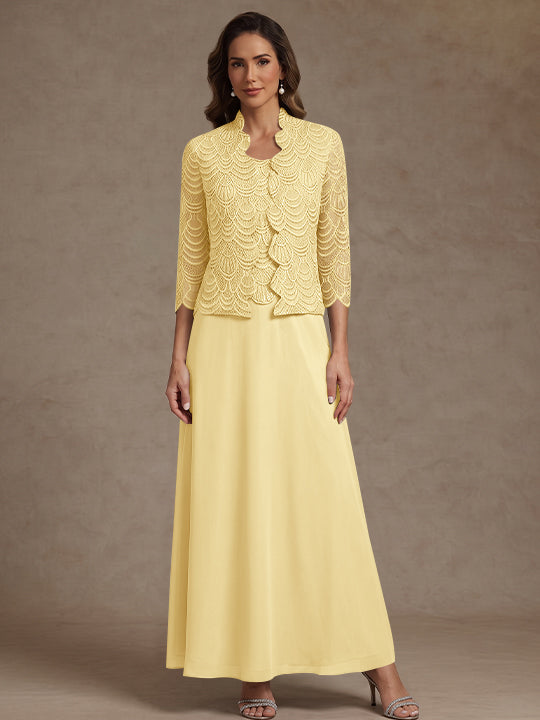 2 Pieces A-Line/Princess Scoop Chiffon Mother of the Bride Dresses Ankle-Length 3/4 Sleeves&amp;Sleeveless with Lace Jacket