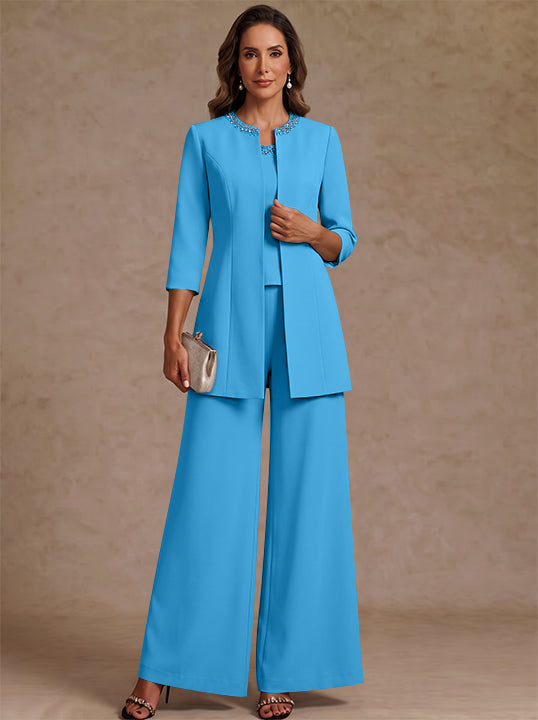 3 Pieces Scoop Chiffon Mother of the Bride Pantsuit Ankle-Length 3/4 Sleeves&amp;Sleeveless Rhinestones with Jacket