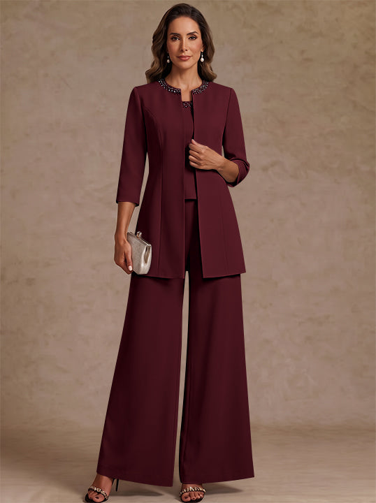 3 Pieces Scoop Chiffon Mother of the Bride Pantsuit Ankle-Length 3/4 Sleeves&amp;Sleeveless Rhinestones with Jacket