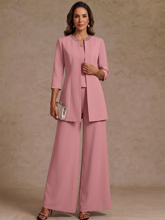 3 Pieces Scoop Chiffon Mother of the Bride Pantsuit Ankle-Length 3/4 Sleeves&amp;Sleeveless Rhinestones with Jacket