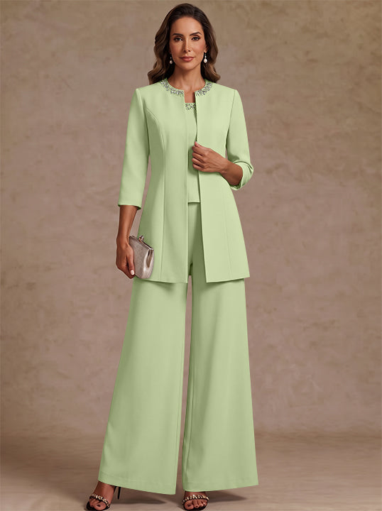 3 Pieces Scoop Chiffon Mother of the Bride Pantsuit Ankle-Length 3/4 Sleeves&amp;Sleeveless Rhinestones with Jacket