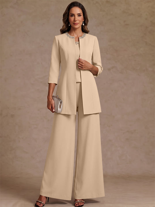 3 Pieces Scoop Chiffon Mother of the Bride Pantsuit Ankle-Length 3/4 Sleeves&amp;Sleeveless Rhinestones with Jacket