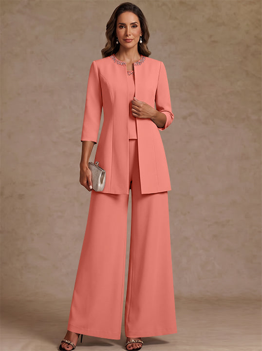 3 Pieces Scoop Chiffon Mother of the Bride Pantsuit Ankle-Length 3/4 Sleeves&amp;Sleeveless Rhinestones with Jacket