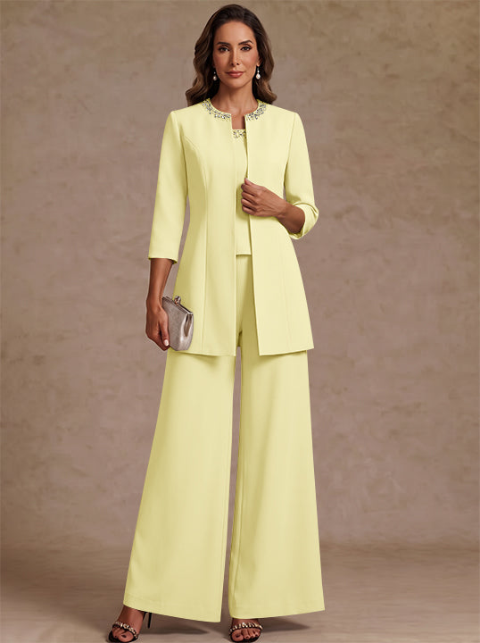 3 Pieces Scoop Chiffon Mother of the Bride Pantsuit Ankle-Length 3/4 Sleeves&amp;Sleeveless Rhinestones with Jacket