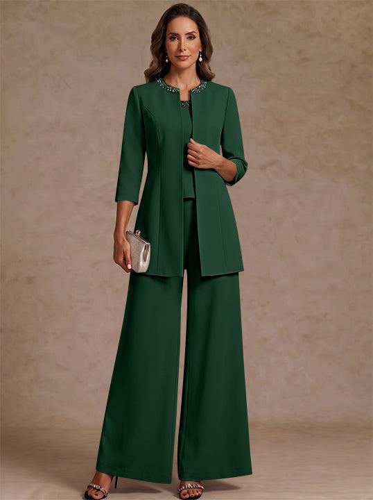 3 Pieces Scoop Chiffon Mother of the Bride Pantsuit Ankle-Length 3/4 Sleeves&amp;Sleeveless Rhinestones with Jacket