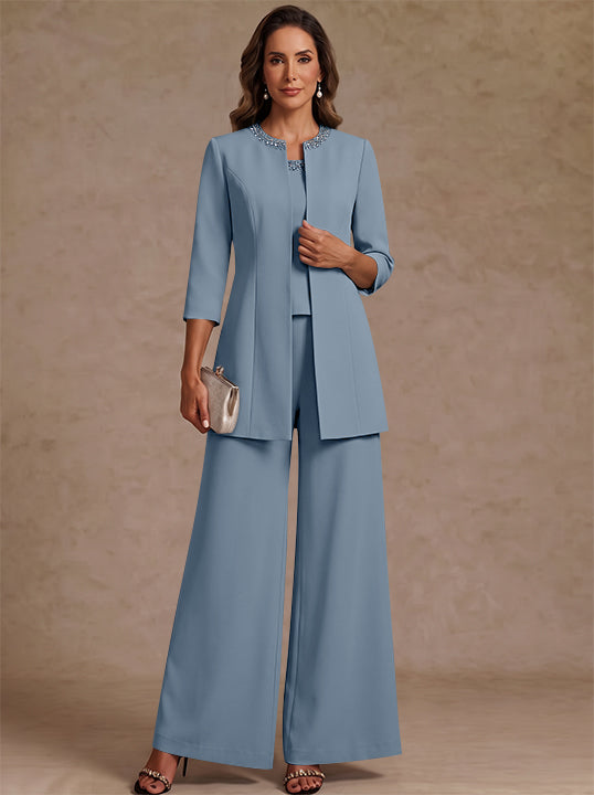 3 Pieces Scoop Chiffon Mother of the Bride Pantsuit Ankle-Length 3/4 Sleeves&amp;Sleeveless Rhinestones with Jacket
