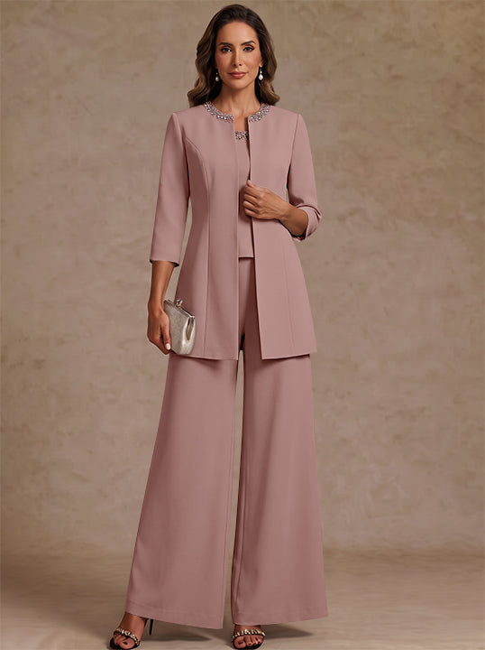 3 Pieces Scoop Chiffon Mother of the Bride Pantsuit Ankle-Length 3/4 Sleeves&amp;Sleeveless Rhinestones with Jacket