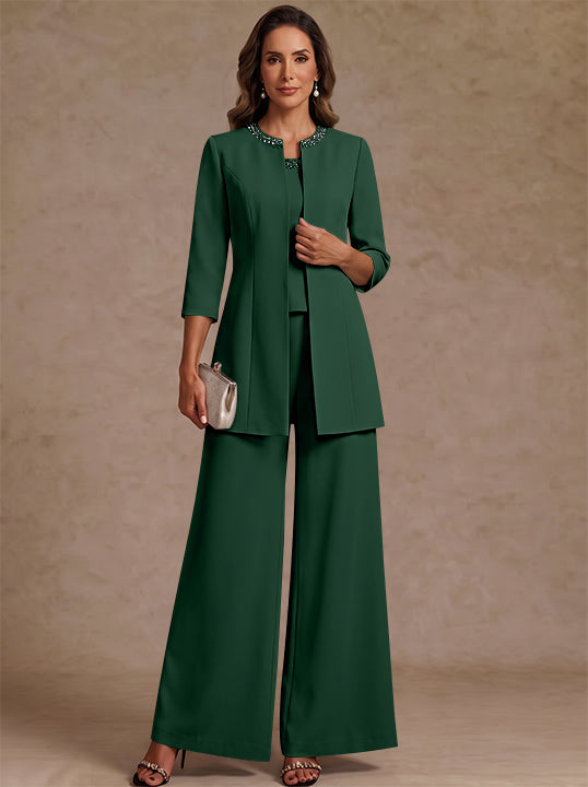 3 Pieces Scoop Chiffon Mother of the Bride Pantsuit Ankle-Length 3/4 Sleeves&amp;Sleeveless Rhinestones with Jacket