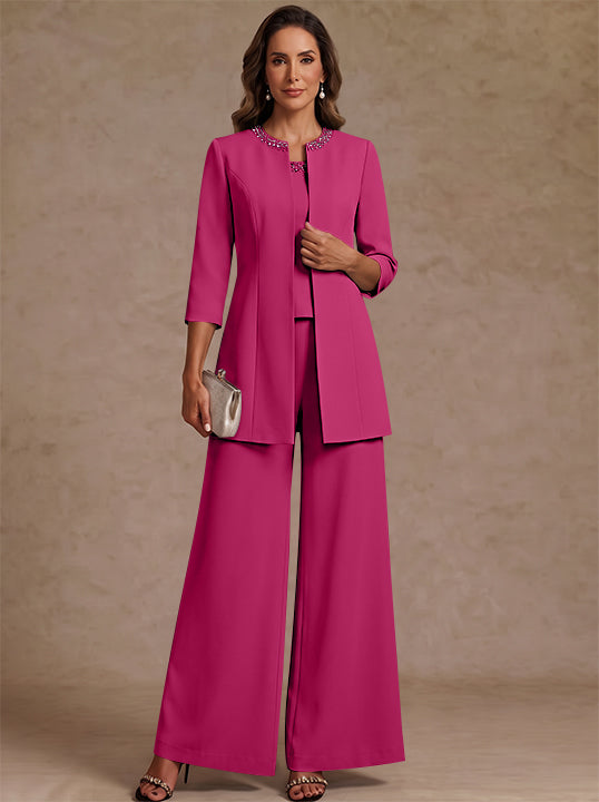3 Pieces Scoop Chiffon Mother of the Bride Pantsuit Ankle-Length 3/4 Sleeves&amp;Sleeveless Rhinestones with Jacket